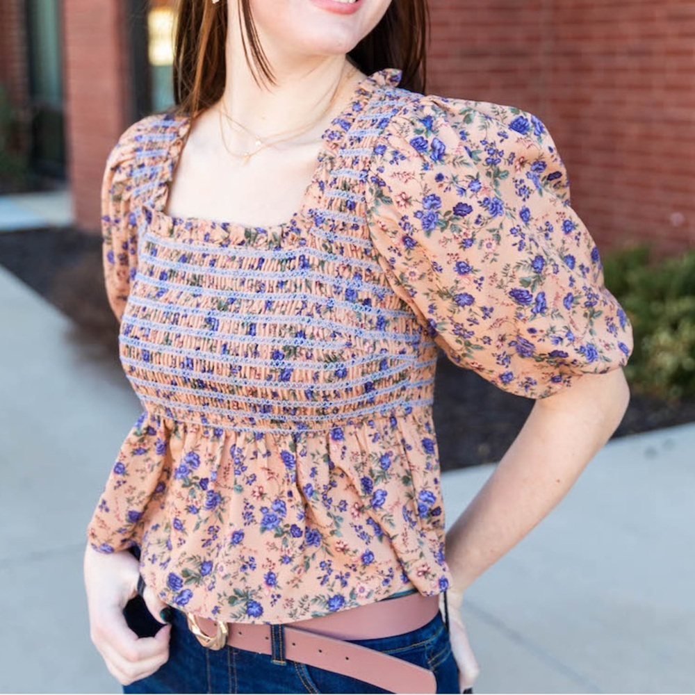 Free the Roses Muted Floral Smocked Top in Pink